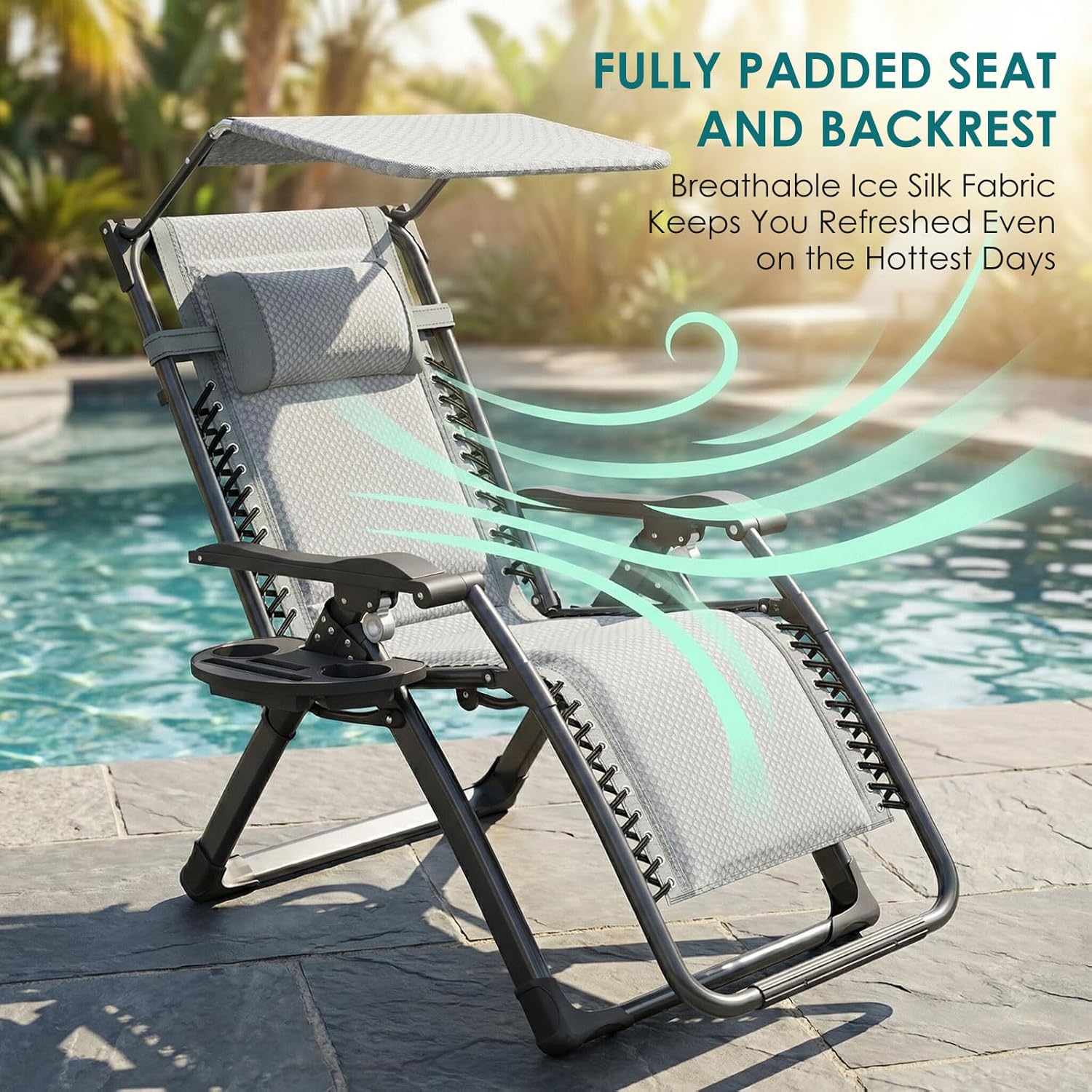 ATORPOK Zero Gravity Chair with Canopy, Folding Patio Recliner 450lbs | Padded Seat & Backrest; Adjustable Reclining Chair; Headrest & Cup Holder; Outdoor Lounge Chair for Patio, Poolside & Beach