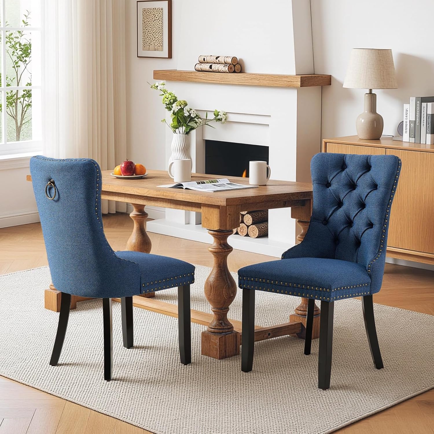SoarFlash Linen Fabric Dining Chair Set of 2, Upholstered Tufted Dining Room Chair with Nailhead Trim and Solid Light Color Wood Leg for Kitchen (Blue)