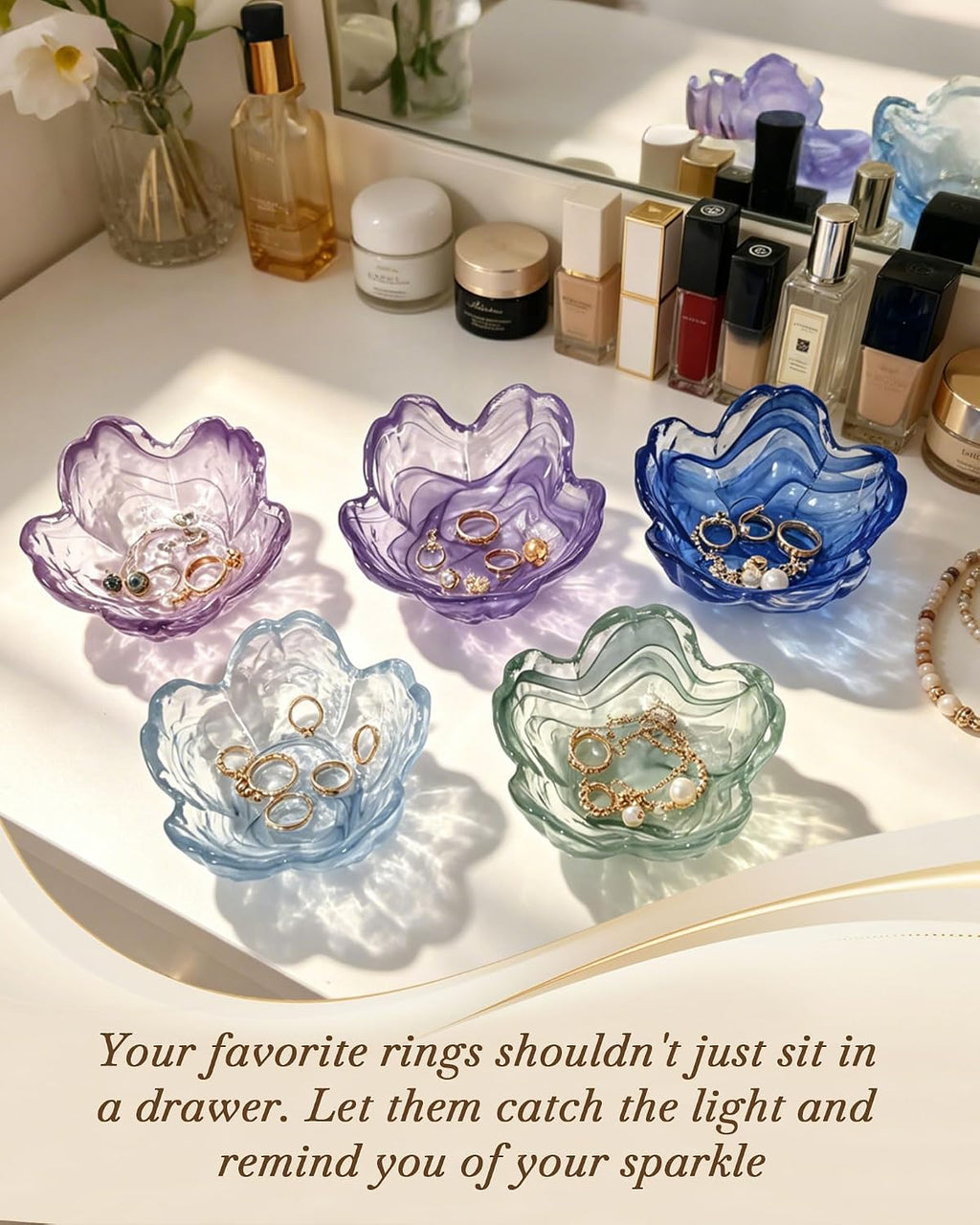Small Flower Glass Ring Dish, Cute Jewelry Tray Trinket Organizer | Vanity Bathroom Nightstand Holder Plate, Aesthetic Room Decor, Valentine's Friendship Christmas Birthday Gifts for Women