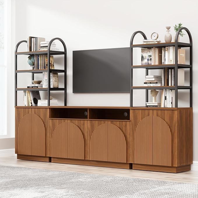 Yechen 110" Modular Entertainment Center with Bookshelves for up to 55", Mid Century Modern TV Stand with Storage, TV Cabinet with Open Shelves and Adjustable Shelves, Living Room, Walnut Oak (3 PCS)