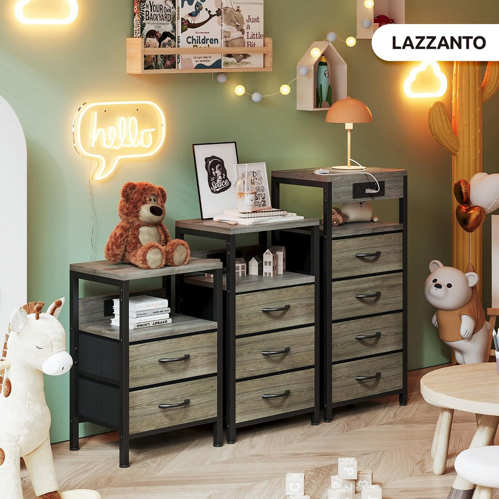 Lazzanto Night Stand with Charger Station, 4 Fabric Drawers, Grey | Nightstan...