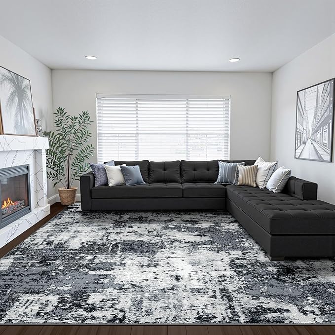Washable Area Rugs 6'x9' Non-Slip Modern Abstract Soft for Living Room Entryway Bedroom Nursery, Print Pattern, Black Gray