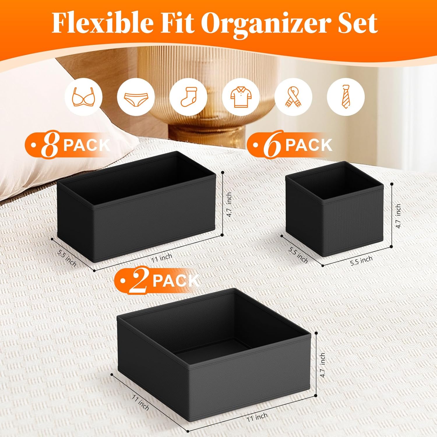 Drawer Organizer Clothes, 16 Pack Drawer Organizers and Underwear Organizer for Nursery, Dividers Clothes Organizer, Closet Organization and Foldable Storage Bins for Sock, Bra, Tie, Black