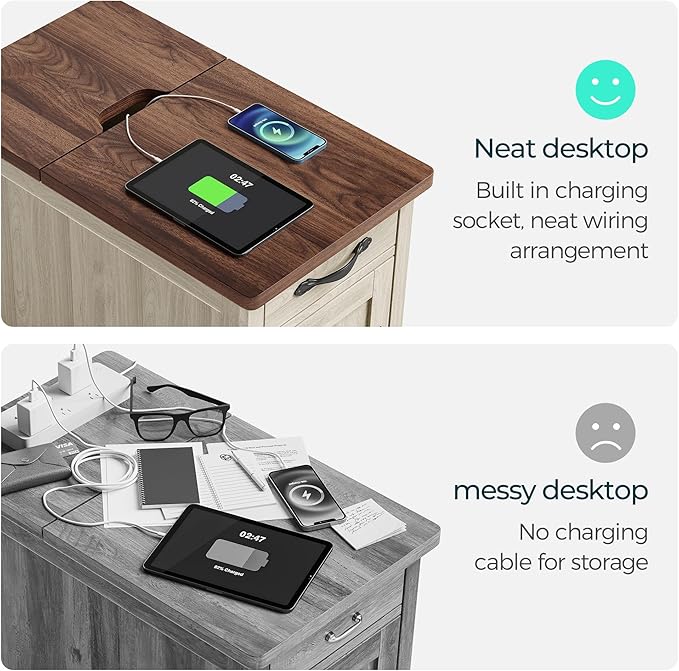 LINSY HOME Farmhouse End Table with Charging Station, Narrow Side Table for L...