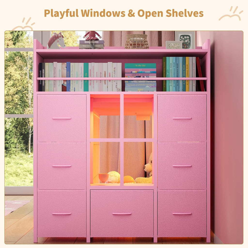 Low Loft Bed Twin Size with 13 Storage Drawers & Bookshelf, Twin Loft Bed with RGB LED Lights & Power Outlets, Metal Loft Bed with Safety Guardrail & Under-Bed Play Space, Pink