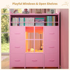 Low Loft Bed Twin Size with 13 Storage Drawers & Bookshelf, Twin Loft Bed with RGB LED Lights & Power Outlets, Metal Loft Bed with Safety Guardrail & Under-Bed Play Space, Pink