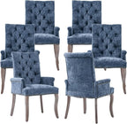 Upholstered Tufted Chenille Dining Chairs with Arms & Nailhead Trim – Solid Wood Frame & Legs, Modern Farmhouse for Dining, Kitchen & Living Room (Set of 6, Blue)