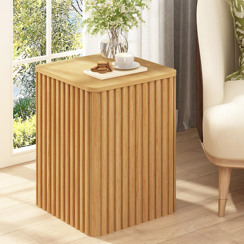 HOKYHOKY Fluted Side Table with Storage – Small Square End Table with Solid W...