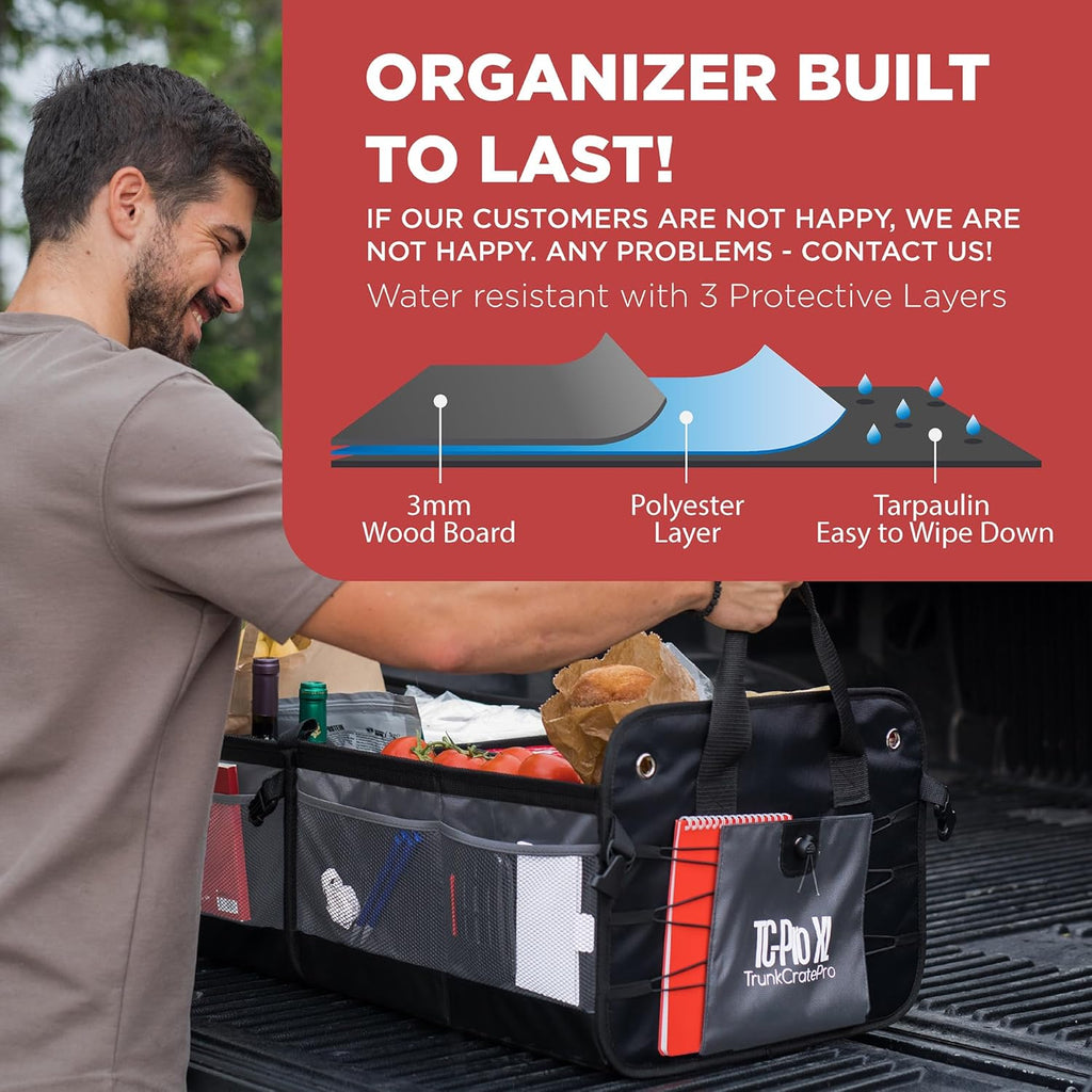 TRUNKCRATEPRO - XL Trunk Organizer For SUV, Car, Truck with 6 Compartments Adjustable Collapsible Portable Non-Skid Premium Cargo Storage Truck Organizer W Straps, Heavy Loads (Extra Large, Gray)