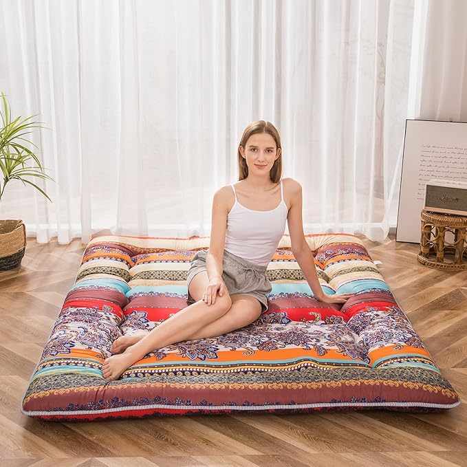 MAXYOYO Japanese Floor Mattress Futon Mattress, 4" Thicken Tatami Mat Sleeping Pad Foldable Roll Up Mat Boys Girls Dormitory Pad Kids Floor Lounger Pillow Bed, Charcoal Grey, Queen Size