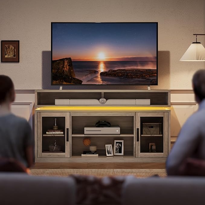 WLIVE Farmhouse TV Stand for TVs Up to 65 Inches, Tall Entertainment Center with Storage Cabinets & LED Lights, Media Console for Living Room, Bedroom, Home Theater, Gray Oak