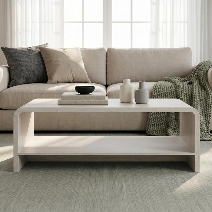48" Coffee Table with Open Storage Shelf, 2-Tier Minimalist Wooden Coffee Tables with Curved Profile Design, Modern Rectangular Center Table for Living Room, Office, White Wood Grain