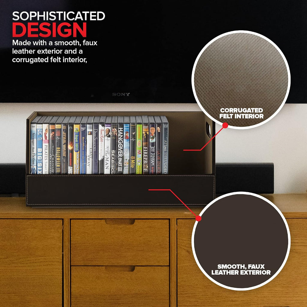 Stock Your Home DVD Storage Box, Movie Shelf Organizer for Blu-Ray, Video Game Cases, CDs, VHS Tape Display Stand, Disc Holder Can Store Up to 28 DVDs, Faux Leather (Espresso) 2 Pack