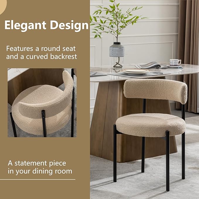 Boucle Dining Chairs Set of 2, Beige Dining Chairs with Upholstered Seat and ...