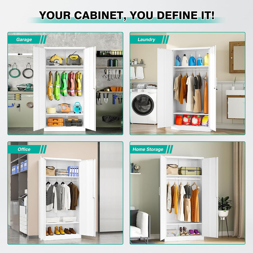 Metal Wardrobe Cabinet with Hanging Rod & Lock,White Armoire Wardrobe Clo...