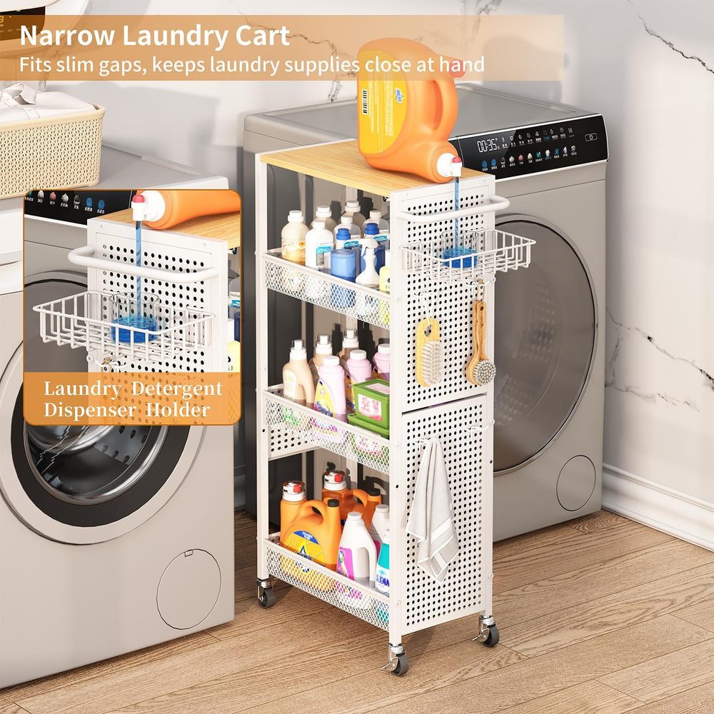 Slim Storage Rolling Cart: 4-Tier Narrow Metal & Wood Utility Cart with W...