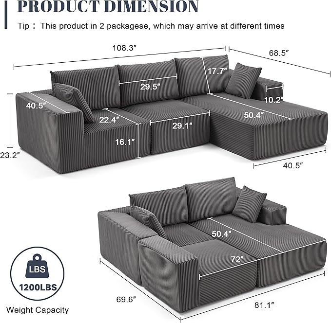 108” Modular Sectional Sofa, Cloud Sectional Couch with Deep Seat, Modern Modular L-Shape Sofa with Chaise,Upholstered Boneless Couches for Living Room Bedroom (Corduroy, Darkgrey)