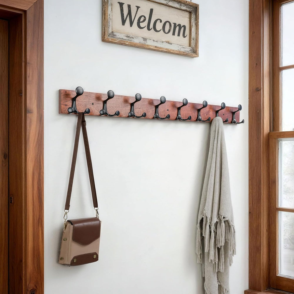 SKOLOO 43-Inch Wood Coat Rack Wall Mount with 8 Triple Hooks - Ideal for Fami...