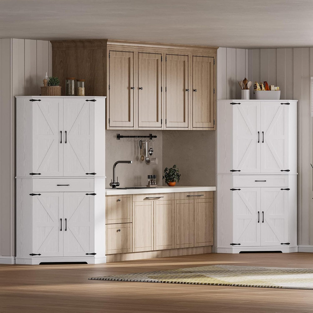 IRONCK 72" Corner Pantry Cabinet with Drawer and 4 Doors, White | Kitche...