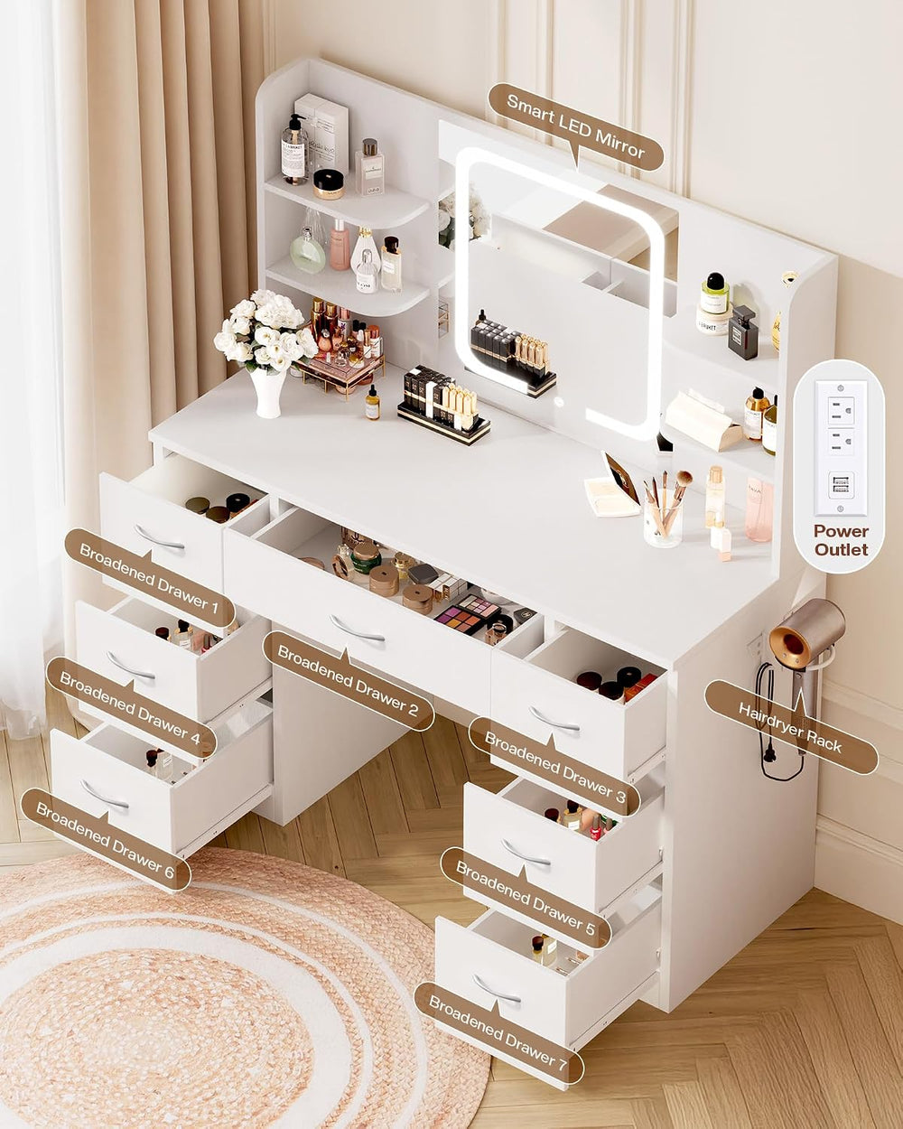 LIVELYGLOW 43" Large White Makeup Vanity Desk with Charging Station | Sm...