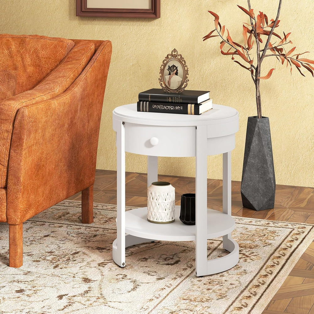 GOFLAME Round Side Table with Drawer, Retro 2-Tier Nightstand with Shelf &amp...