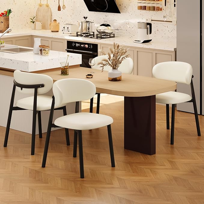 Kitchen Dining Chairs Set of 6 Modern Upholstered Leather Farmhouse Dining Room Chair with Metal Legs, Black/Beige