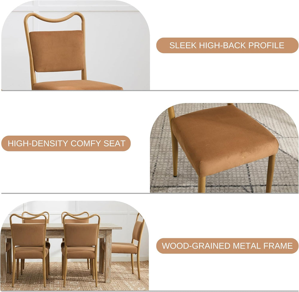 Velvet Dining Chairs Set of 2, Mid-Century Modern, Brown | Wood Grain Metal F...
