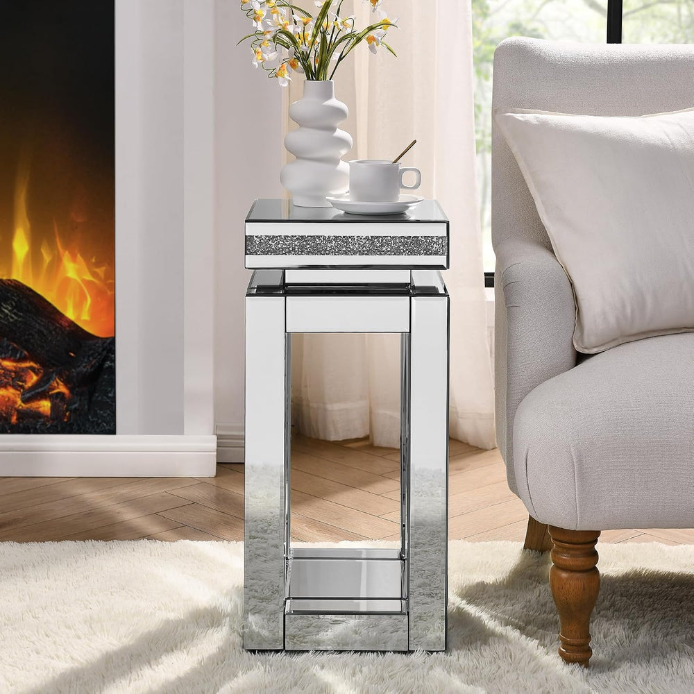 IKIFLY Mirrored Nightstand with Storage, Silver End Table with Square Tableto...