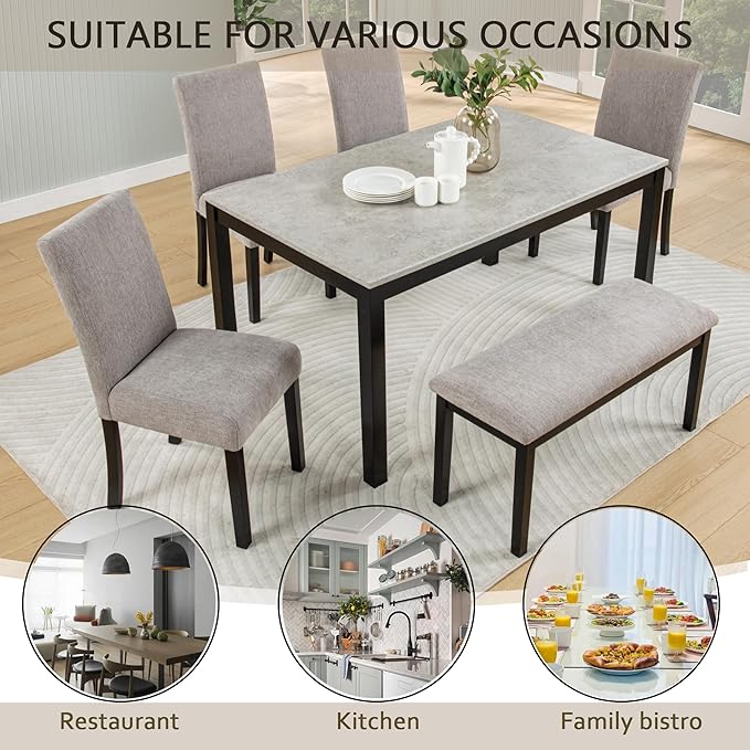 KEIKI 6-Piece Standard Height Dining Table Set with Rectangular Table, 4 Upholstered Curved Backrset Chair, Bench, for 6 Person, Modern Table Set, Easy Assembly, for Kitchen, Dining Room, Black+Gray
