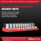Olsa Tools Magnetic Socket Organizer (3/8-Inch Drive, 3 Row) - Magnetic Tool Organizer & Holder - SAE Red - Holds 39 Sockets - Professional Grade - Part: 1547