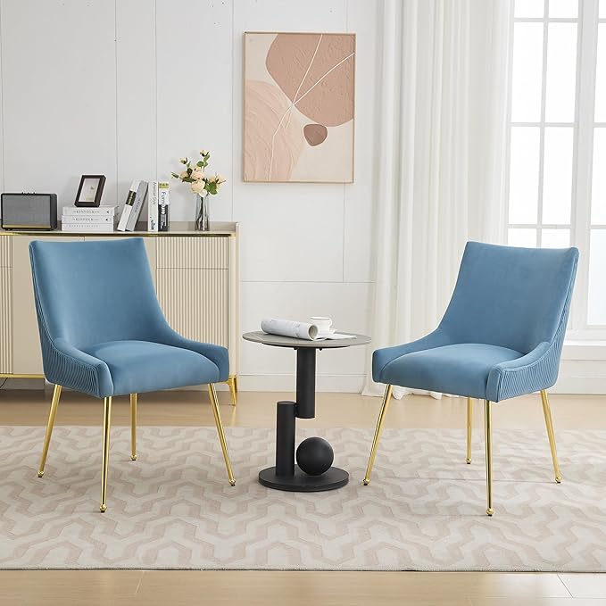 Velvet Dining Chairs Set of 6 Gold Legs,Upholstered Velvet Accent Chairs, Pleated Back Design & Gold Pull Handle, Mid Century Modern Chairs for Dining/Kitchen/Living Room,Light Blue
