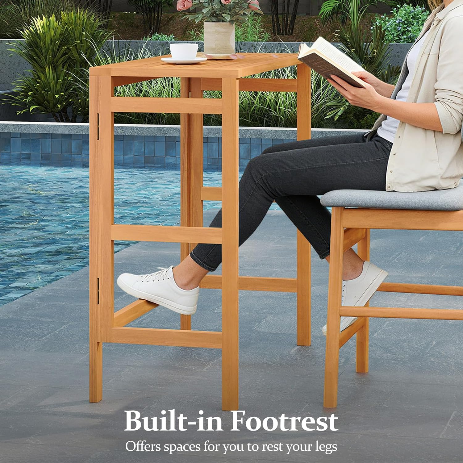 Tangkula Acacia Wood Outdoor Folding Bar Table, Patio Rectangle Counter Height Pub Table with Slatted Tabletop, for Balcony, Backyard Garden and Poolside