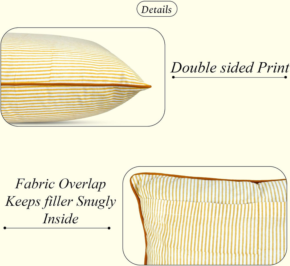 Ridhi Yellow Stripe Hand Block Print Pillow Covers 18x18 Set of 2