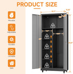 Metal Garage Storage Cabinet with 2 Doors, Adjustable Rolling Tool Storage Cabinet with Lock, 71" Steel Locking Tool Cabinet with Wheels and Shelves for Garage, Warehouse(Black&Gray, 71" H)