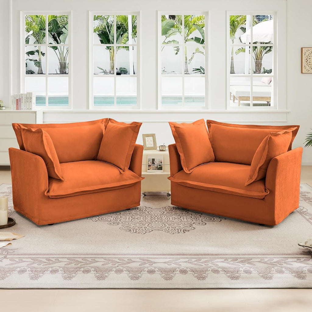 Aoowow Oversized Modular Sectional Sofa Chair Set of 2, 49” Chenille Fabric Single Armchair Comfy Deep Seat Couch Sofa with Big Toss Pillows for Living Room Apartment Office(Orange-Chenille)