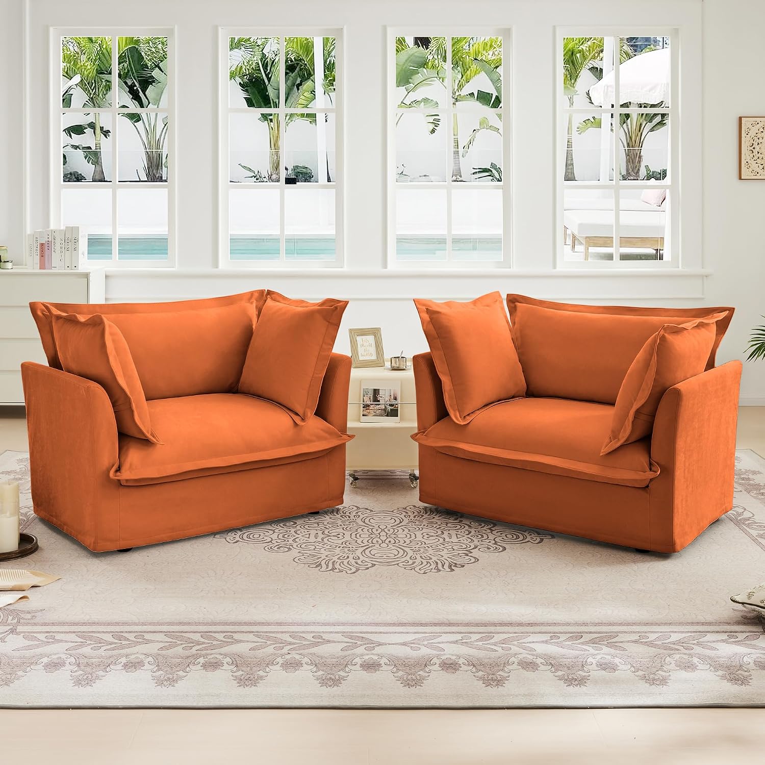 Aoowow Oversized Modular Sectional Sofa Chair Set of 2, 49” Chenille Fabric Single Armchair Comfy Deep Seat Couch Sofa with Big Toss Pillows for Living Room Apartment Office(Orange-Chenille)