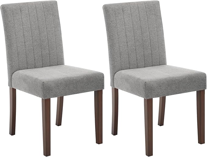Upholstered Dining Chairs Set of 2, Modern Fabric Kitchen Side Chairs with Sturdy Wood Legs, Parsons Design, Comfortable Soft Linen for Dining Room, Restaurant, Cafe, Gray-Vertical Stripes