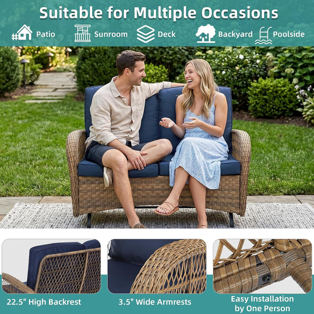 Outdoor Wicker Patio Glider Set, Loveseat for 2 Person Porch Furniture Glider...