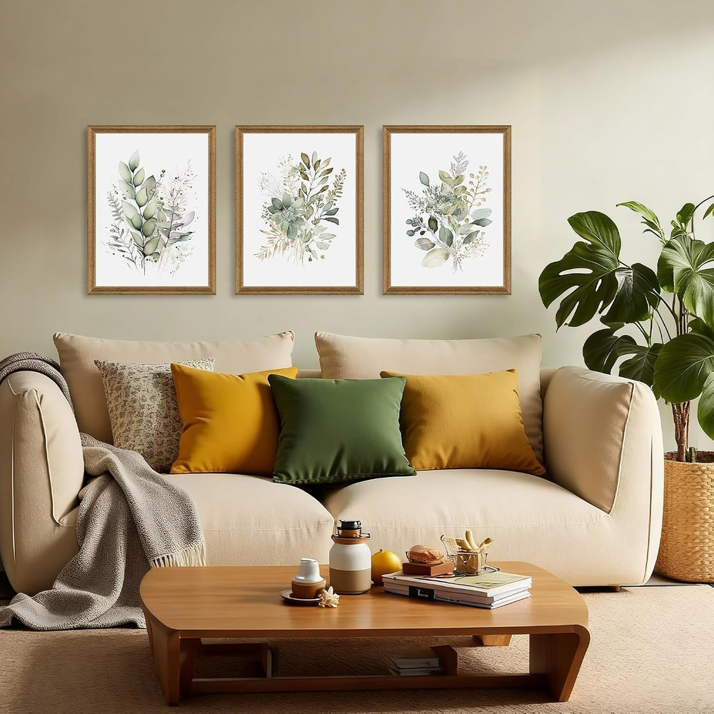 WRFON Framed Sage Green Botanical Wall Art Set of 3, Watercolor Eucalyptus &a...
