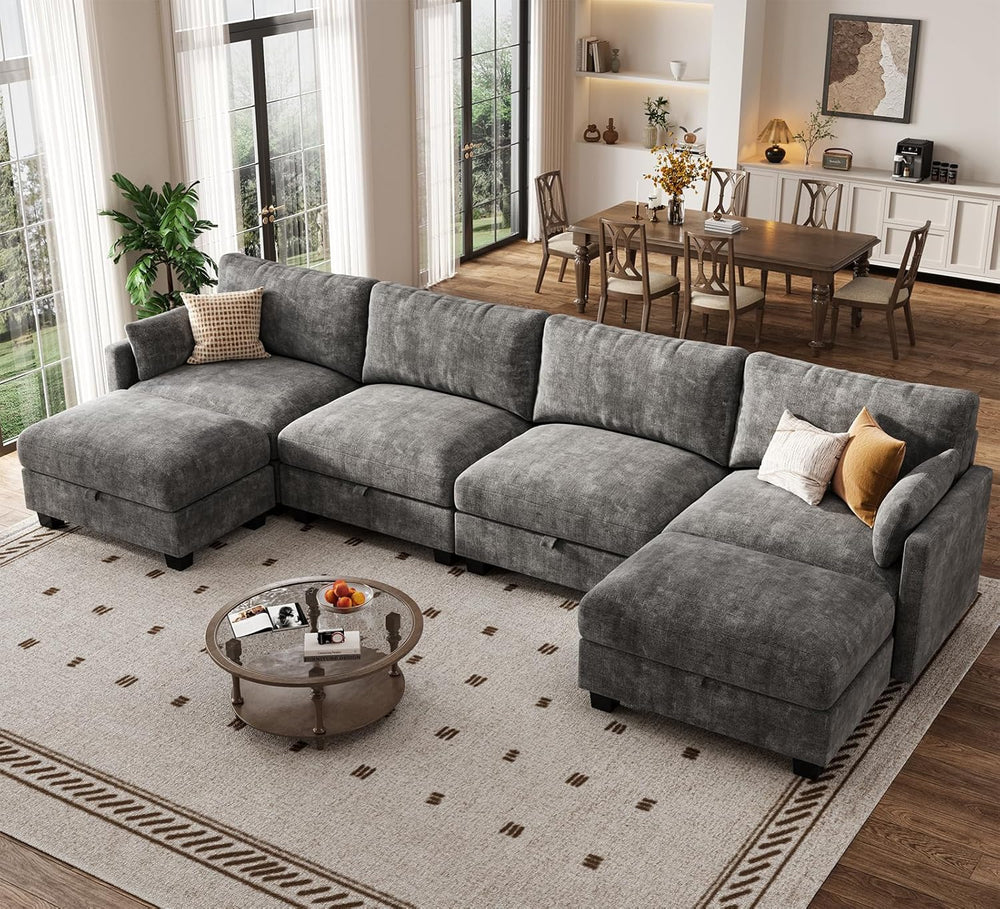 Modular Sectional Sofa, 132" U Shaped Couch with Storage, Chenille | Hig...