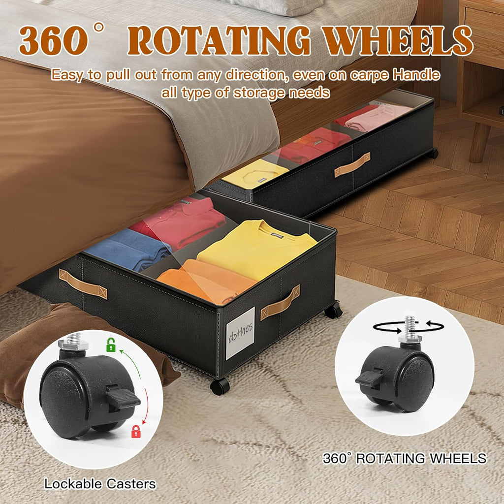 Under Bed Storage with Wheels, Rolling Under Bed Storage Containers with Clear Lid and Handles for Clothes, Shoes, Blankets, Pillows, Toys, Books, Bags (60L, 30.9 x 16.9 x 6.7in, Black, 2 Pack)