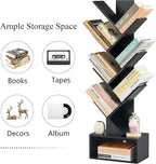 Hoctieon 6 Tier Tree Bookshelf, Tall Bookcase with Drawer, Freestanding Book Shelf, Display Floor Standing Storage Shelf, Book Organizer Shelves for Home Office, Living Room, Bedroom, Black