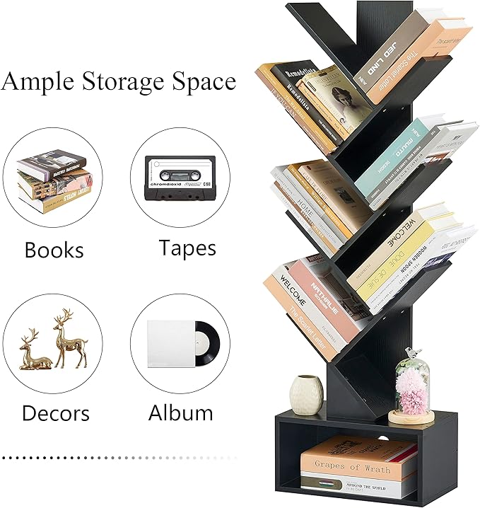 Hoctieon 6 Tier Tree Bookshelf, Tall Bookcase with Drawer, Freestanding Book Shelf, Display Floor Standing Storage Shelf, Book Organizer Shelves for Home Office, Living Room, Bedroom, Black