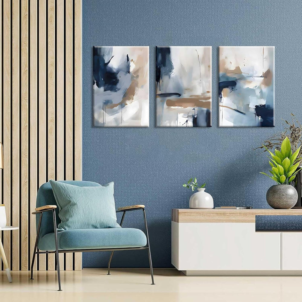 3Pcs Framed Navy Blue Wall Art Abstract Modern Brown Watercolor Canvas Poster...