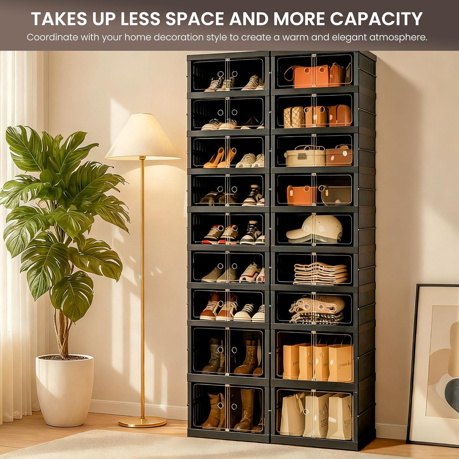 Foldable Shoe Organizer Storage Box Set of 2, Portable Extra Large Folding Shoe Rack for Closet, Shoe Storage Box with Magnetic Transparent Door and Wheels, 9 Layers 18 Grids with 4 Big Grids