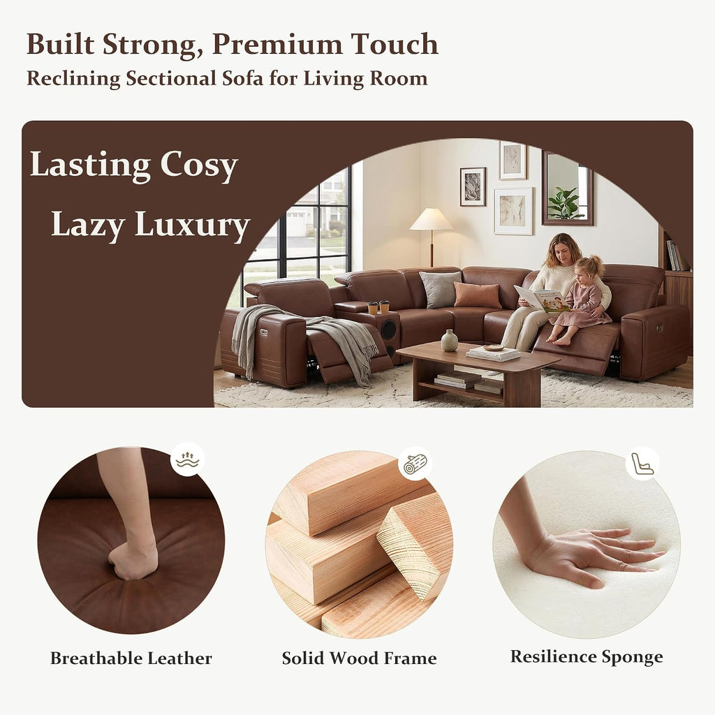 Power Recliner Sectional Sofa, L-Shaped Living Room Furniture Set, Reclining Sectional Couch with Storage Console/Cup Holder for Living Room/House/Apt (Brown, 5 Seater)