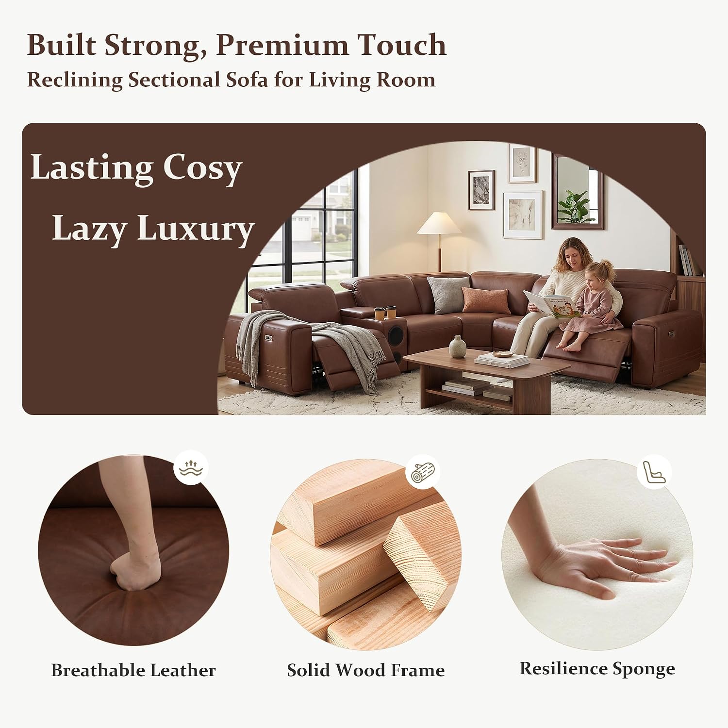 Power Recliner Sectional Sofa, L-Shaped Living Room Furniture Set, Reclining Sectional Couch with Storage Console/Cup Holder for Living Room/House/Apt (Brown, 5 Seater)
