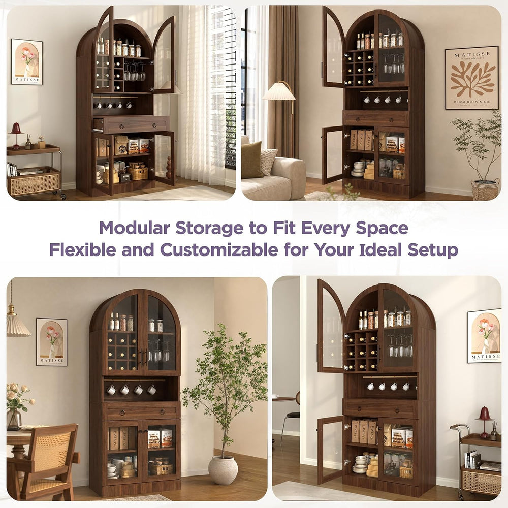 Merax 70" Tall Arched Farmhouse Pantry Cabinet with Glass Doors, Walnut ...
