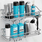 Nieifi Shower Caddy Shelf with Hooks Storage Rack Organizer Adhesive Stainless Steel without Drilling for Bathroom, Lavatory, Washroom, Restroom, Shower, Toilet, Kitchen (Sliver, 3 Pack)