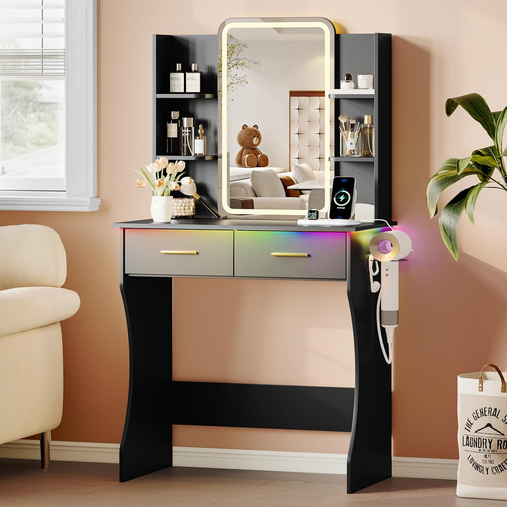 Xixini Vanity Desk with LED Lights Mirror & Power Outlet, Small Makeup Va...